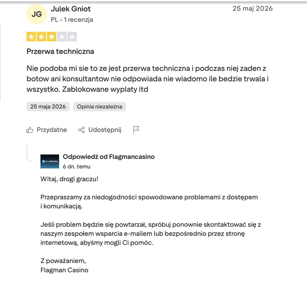 Opinia gracza Julek Gniot o Flagman Casino z 25 maja 2026 – ocena 3/5, temat: przerwa techniczna