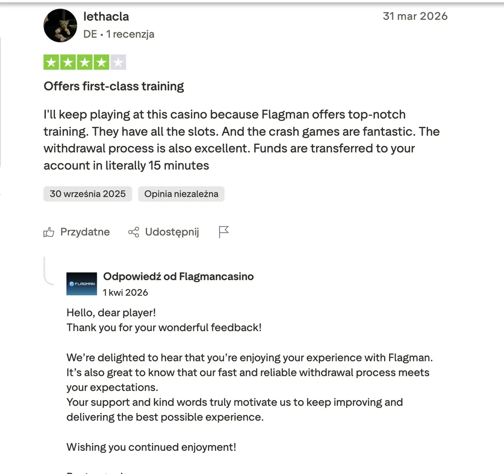 Opinia gracza lethacla o Flagman Casino z 31 marca 2026 – ocena 4/5, pochwała slotów, crash games i wypłat w 15 minut