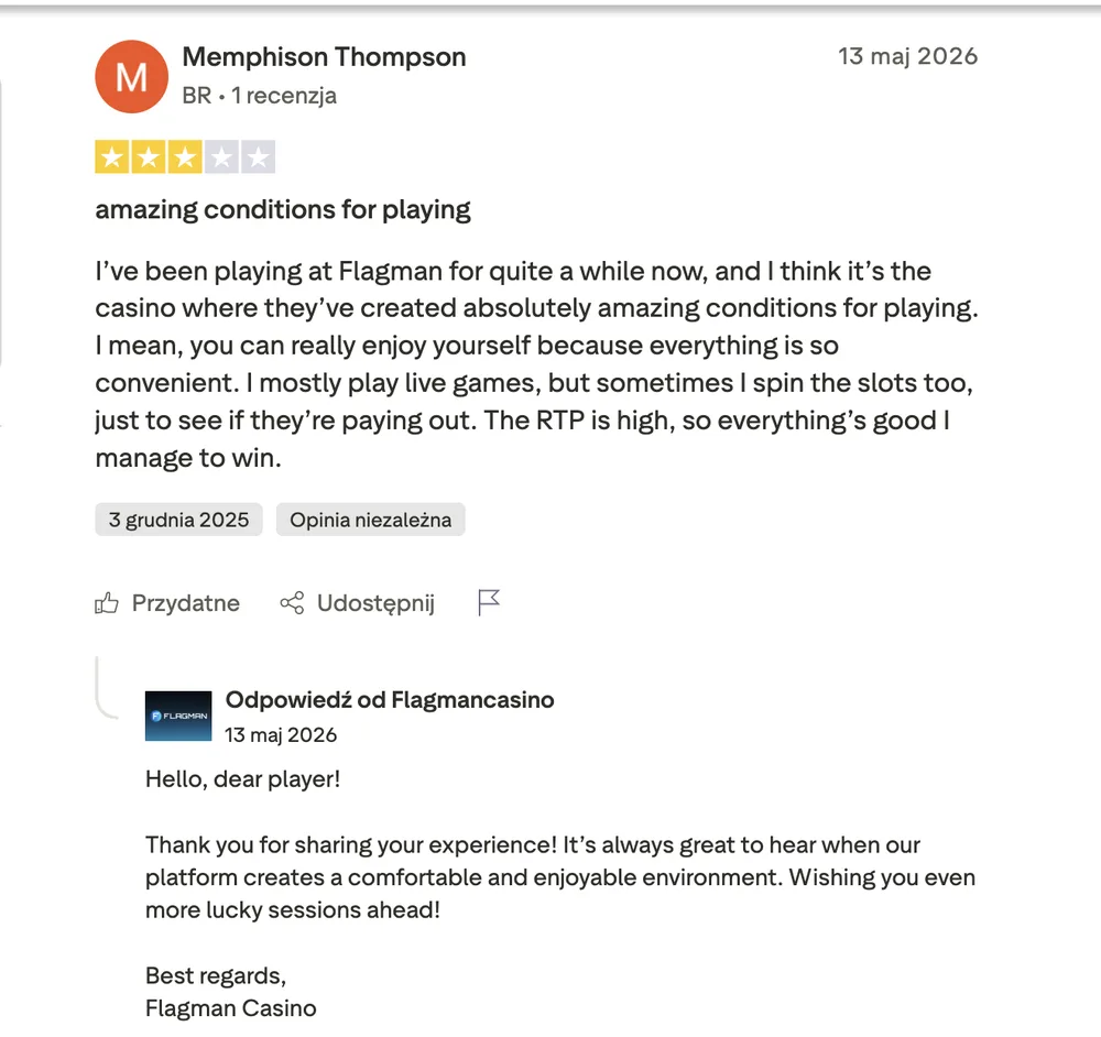 Opinia gracza Memphison Thompson o Flagman Casino z 13 maja 2026 – ocena 3/5, pochwała warunków gry i wysokiego RTP
